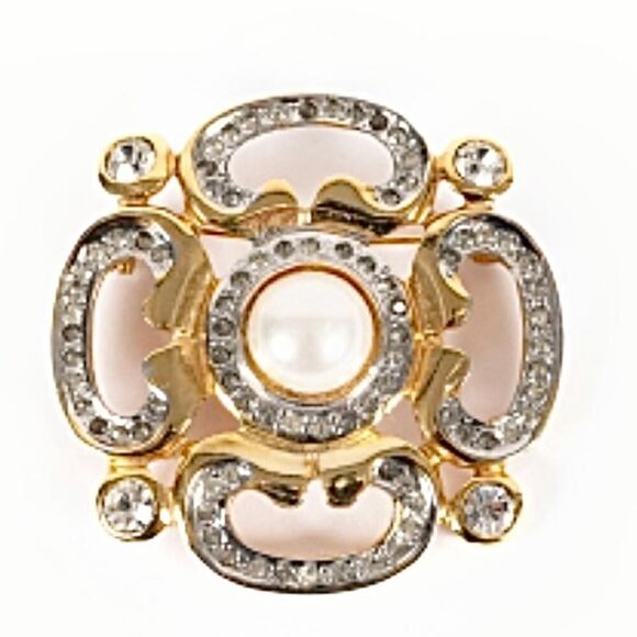 Valentino Vintage Gold Brooch w/ Crystal & Pearl Detail Pristine - Picture 5 of 5